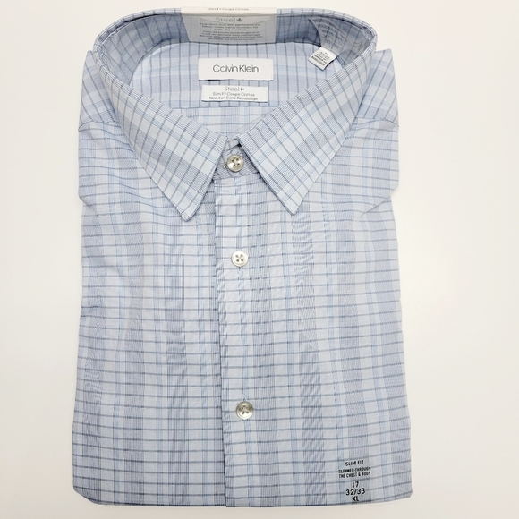 Calvin Klein Other - Calvin Klein STEEL+ Slim-Fit Non-Iron Stretch Blue Check Dress Shirt 17 32/33 XL